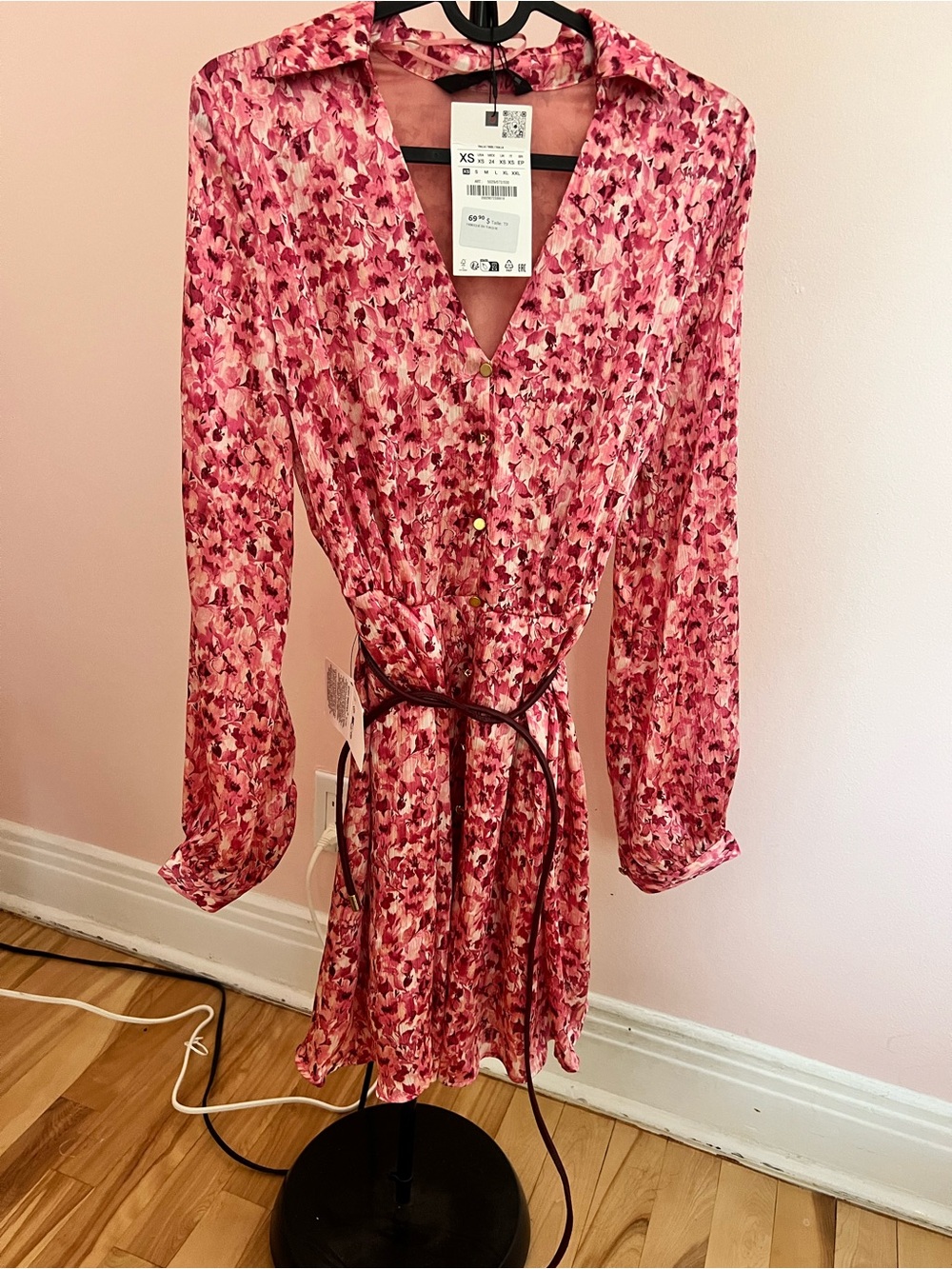Zara Pink Floral Long-Sleeve Button Dress with Waist Tie